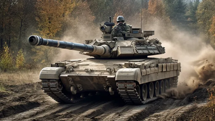 Tanques avançam por um campo de batalha