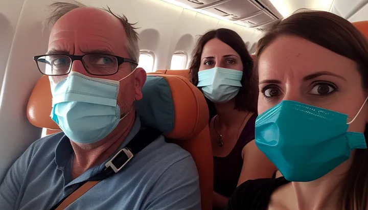 Passageiros usam máscaras de proteção dentro de um avião
