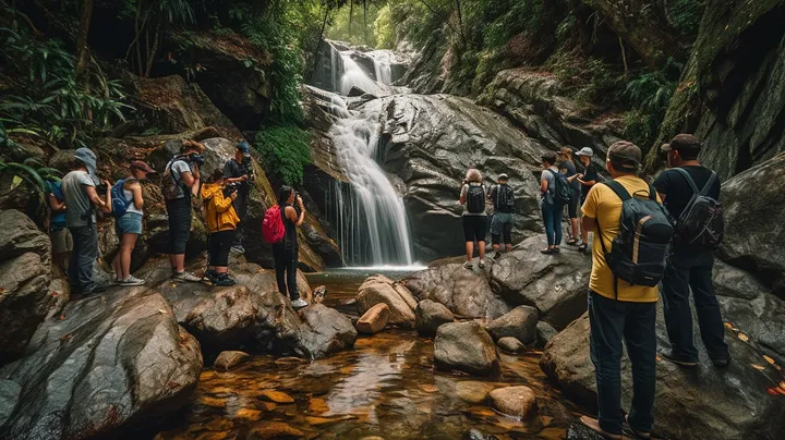 Turistas fotografam uma cascata junto a uma falésia