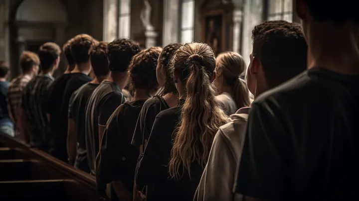 Adolescentes vistos de costas numa igreja